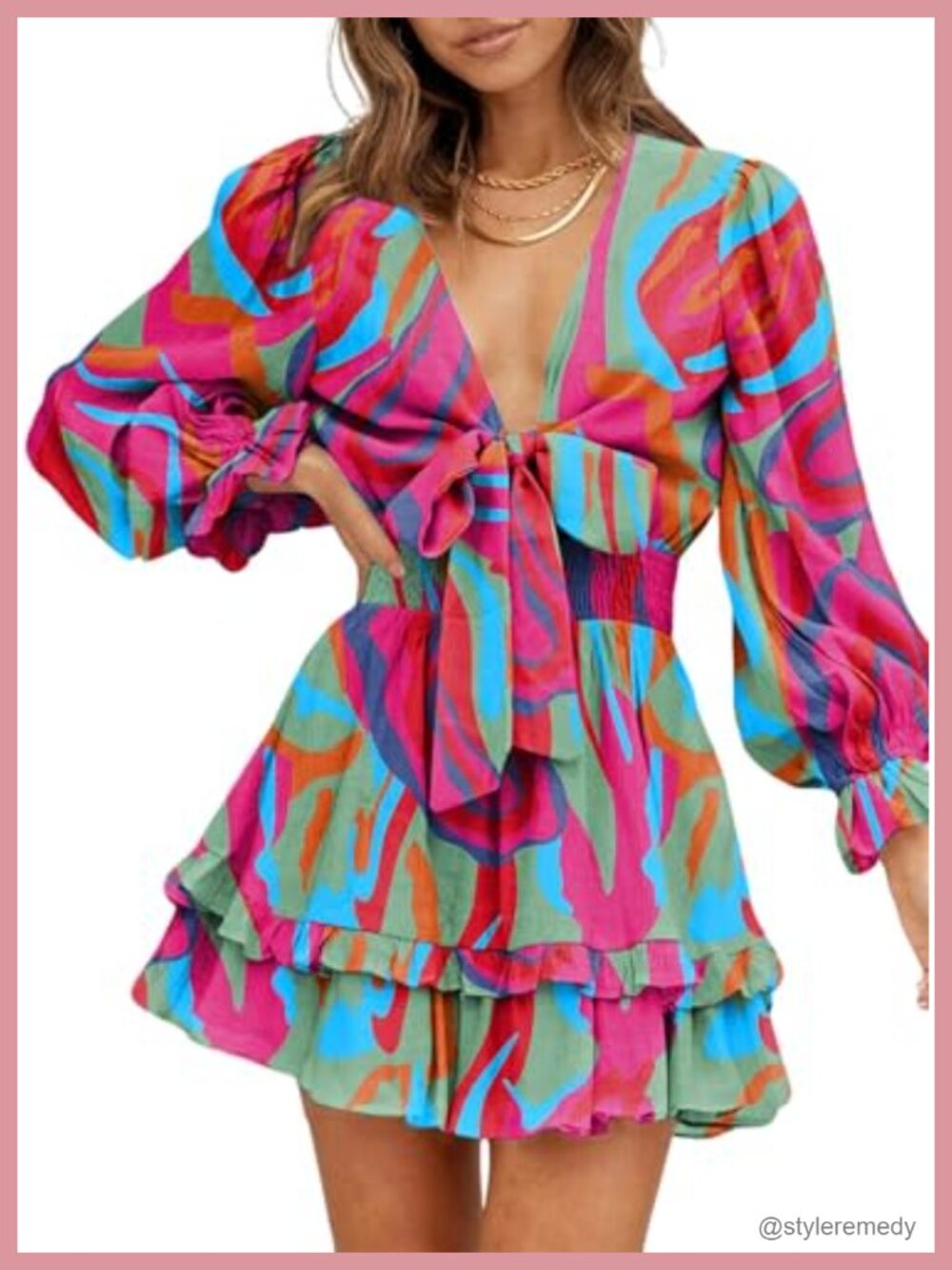 Dokotoo Deep V Neck Knotted Tiered Chiffon Mini Swing Skater Dress